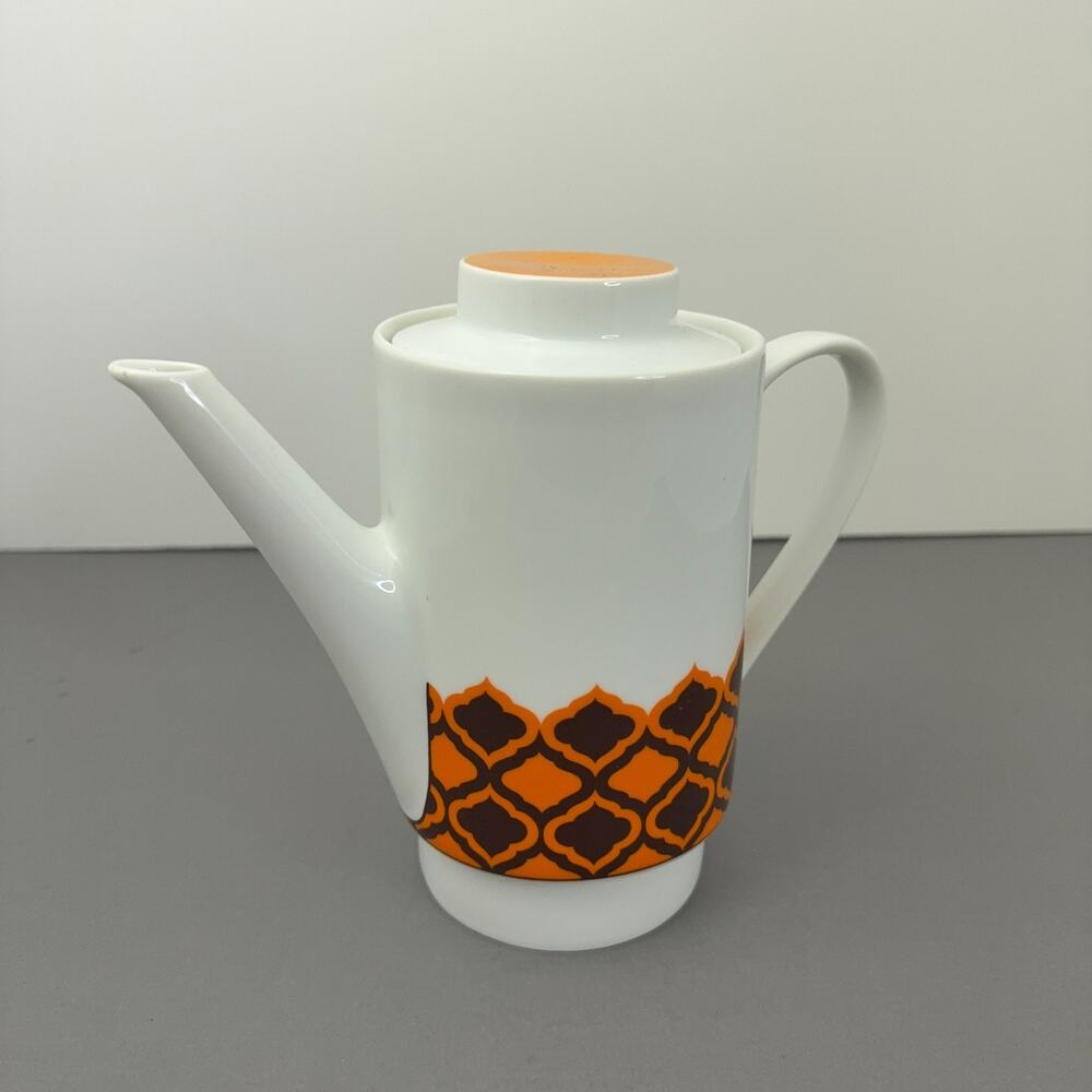 VTG Melitta Germany Coffee Pot White Orange Brown Geometric Atomic MCM Porcelain